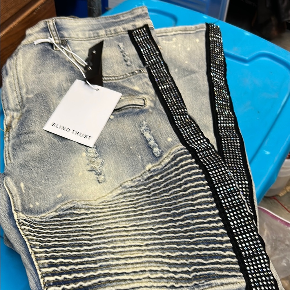 Blind Trust Distressed Jeans with Black Stripe